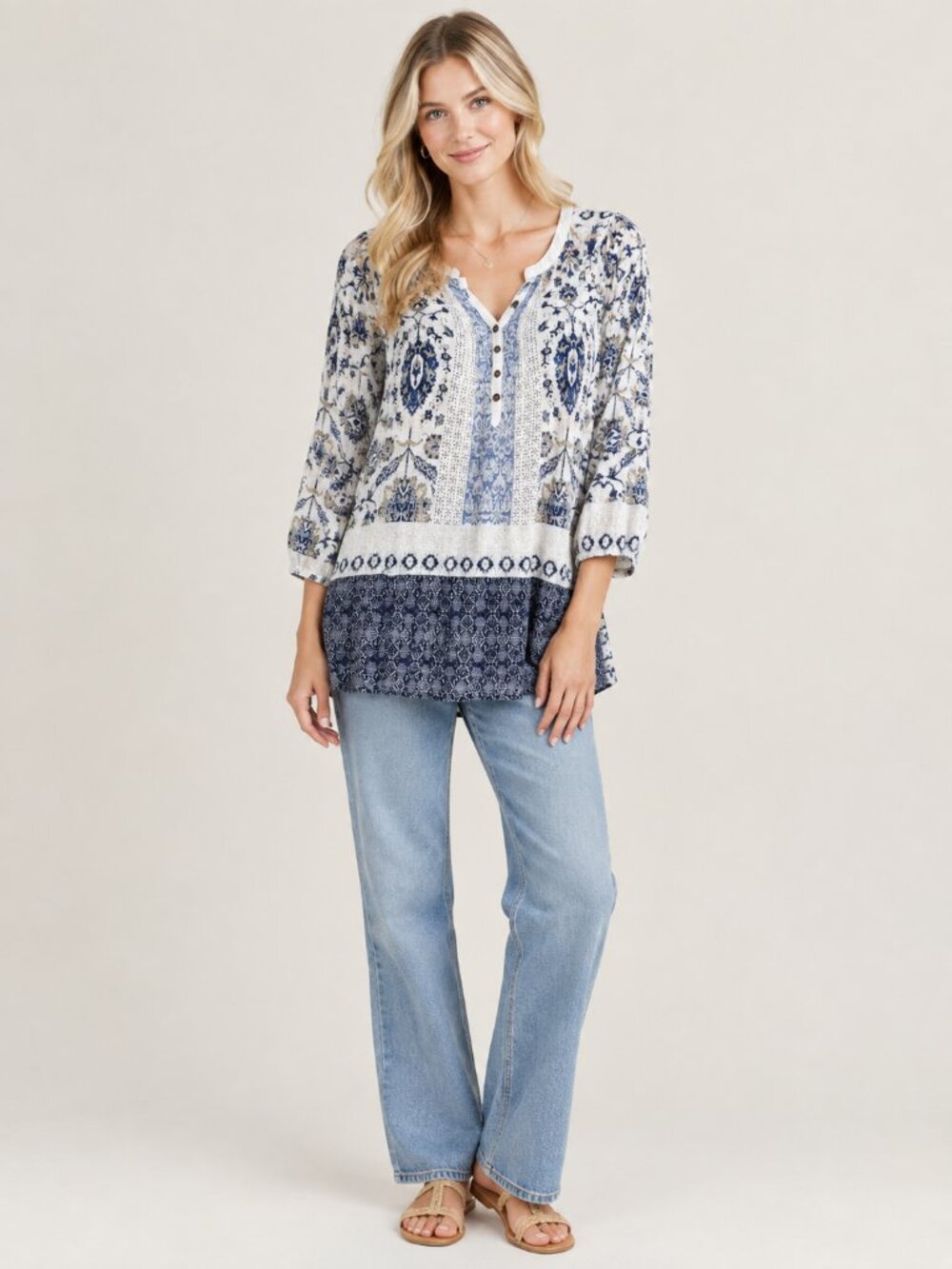 2/$30 Lucky Brand Mixed Media Floral Boho Popover Tunic 3/4 Sleeve Ecru #A4545
